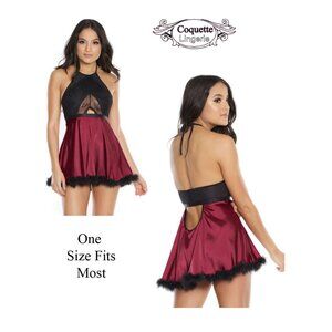 Coquette Lingerie Satin & Lace Fur Lined Babydoll Black & Maroon Burgundy Sz OS